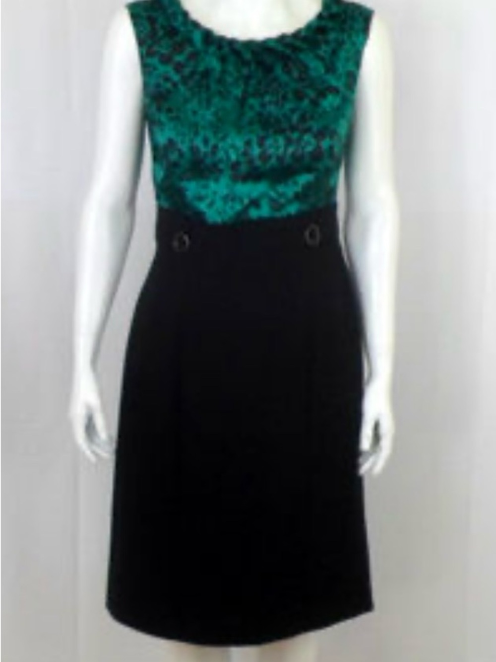 Emerald Green Patterned Bodice Black Midi Sheath Dress